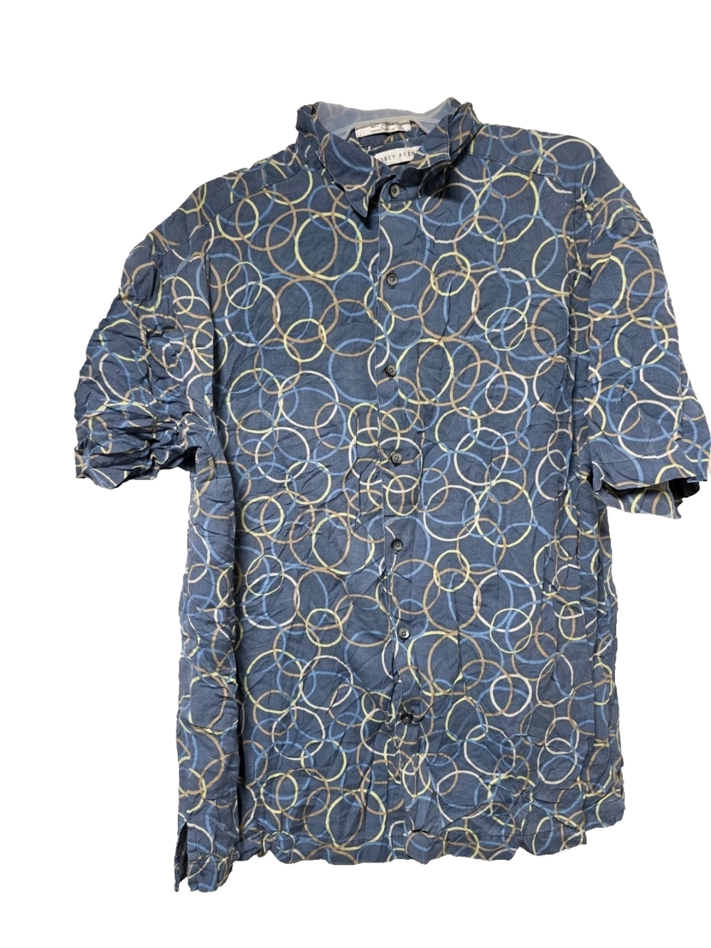 Geoffrey Beene Navy Silk Shirt with Cream and Yellow Ring Print